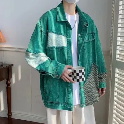 American Fashion Worn-out Patchwork Raw Edge Denim Coat
