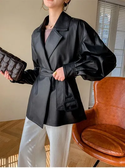 All-match Loose Belt Small Leather Jacket
