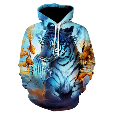 3D Color Tiger Digital Print Hooded Sweatshirt