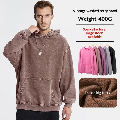 Mens American-style Washed-and-distressed Hooded Sweatshirt