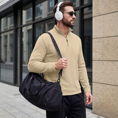 Mens Half-Zip Stand-Neck Long-Sleeve Top Plus-Size Casual Sweatshirt