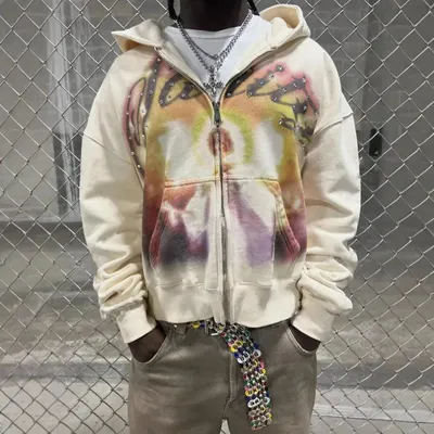 Athletic-style Zip-up Hoodie With Letter Graffiti Print