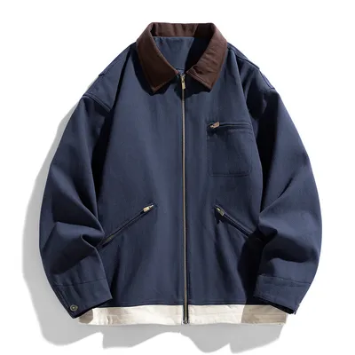 American Retro Workwear Autumn Loose Contrast Color Lapels Couple Jacket