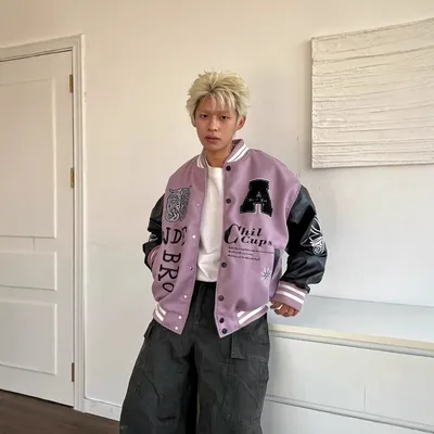 American-style Letter-embroidered Color-block Baseball Jacket For Men