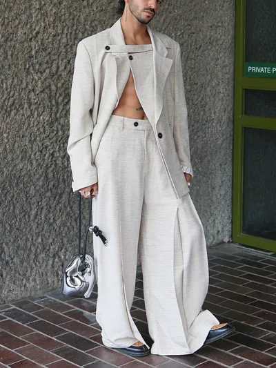 Beige Textured Three-piece Set With Oversized Blazer