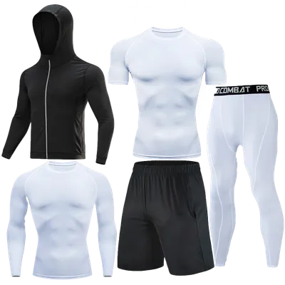 Men 5 Pieces Compression Workout Set Hooded Zip Jacket Long Sleeve Short Sleeve Tight Shirts Sports Shorts Long Leggings Quick Dry Gym Running Basketball Training Athletic Base Layer Suit