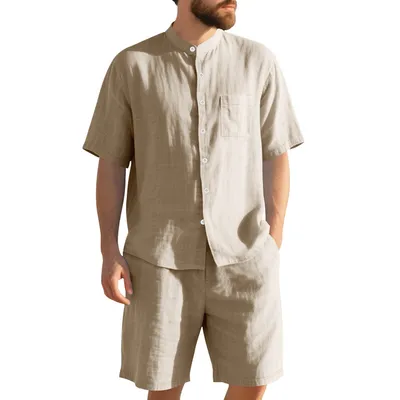 American Linen Suit Men's Summer Two-piece Suit Henry Collar Beach