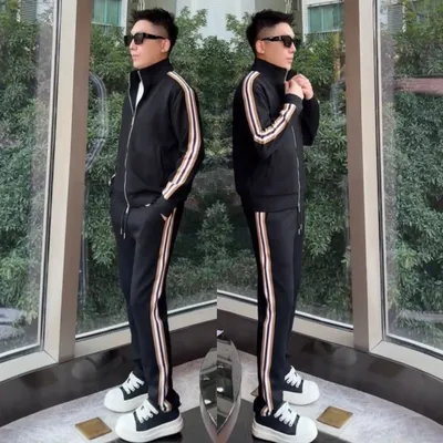 Affordable Luxury Patchwork Striped Casual Sports Suit High-End Stand-Up Collar Jacket And Pants Two-Piece Set