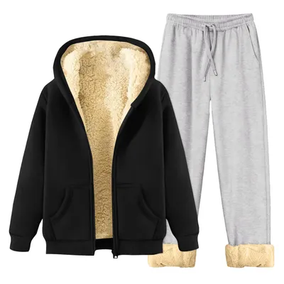 Autumn Winter Fleece Lined Hoodie Set