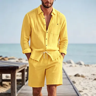 Mens Solid-Color Lapel Cardigan Linen Casual Long-Sleeve Set