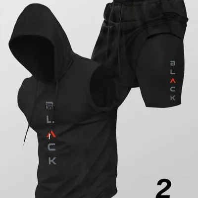 Running Fitness Printed Hooded Sleeveless Tank Top And Shorts Set