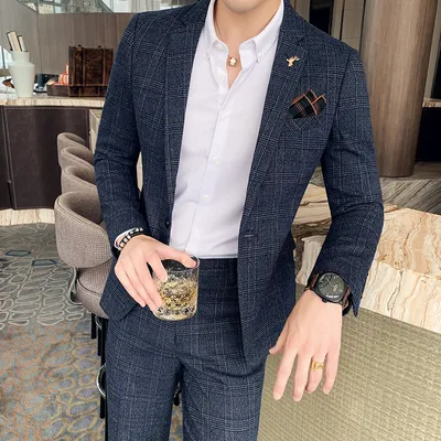 Autumn Men's Plaid Suit Business Casual Two-piece Suit