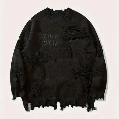 American New Dark Letter Jacquard Ripped Long Sleeves Warm Sweater