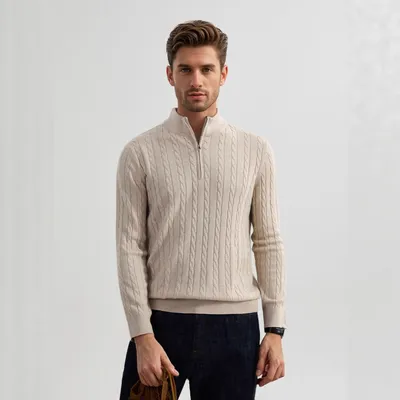 American Old Money Style Stand Collar Twisted Men's Casual Zipper Sweater