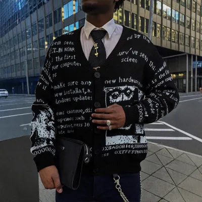 Mens Loose-fitting American-style All-over Letter-print Sweater Cardigan