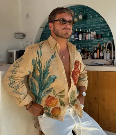Sand Beige Mediterranean Citrus Botanical Print Oversized Shirt