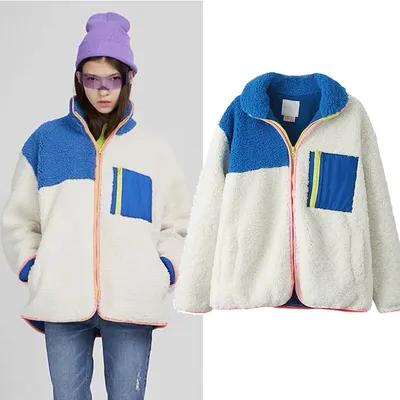 All-match polar fleece contrast zipper coat