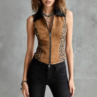 Leopard-print Sleeveless Cropped Vest
