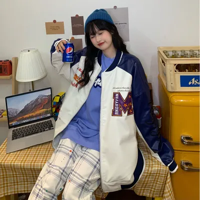 American Letter Embroidery Baseball Uniform PU Leather Jacket