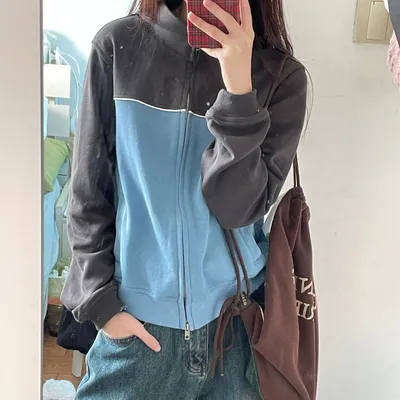 American Retro Colored Mosaic Stand Collar Zipper Short Sweatshirt Cardigan