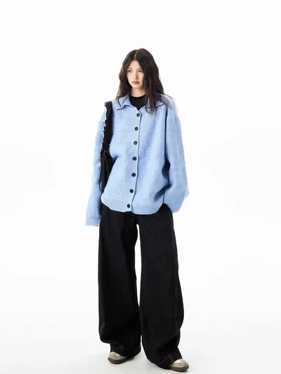 American Retro Blue Plaid Cardigan Sweater