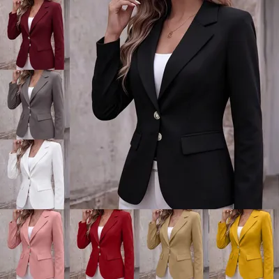 Notch-lapel Two-button Flap-pocket Long-sleeve Petite Blazer Cardigan Coat