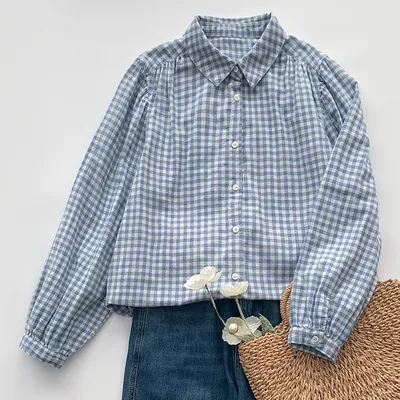 Loose-fit Casual Plaid Womens Blouse Top