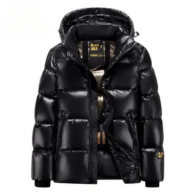 Mens Hooded Black And Gold Goose Down Jacket