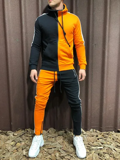 Contrast hooded jacket + pants two-piece suit