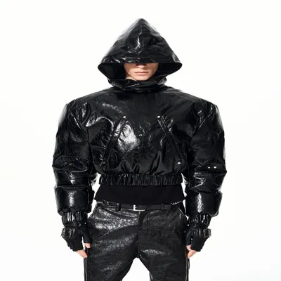 Mens Thickened Hooded Jacket With A Deconstructed Design And Zipper Details