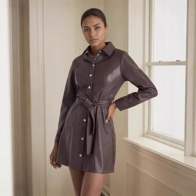 Belted Long-sleeve Leather Trench Fashionable Women's Coat