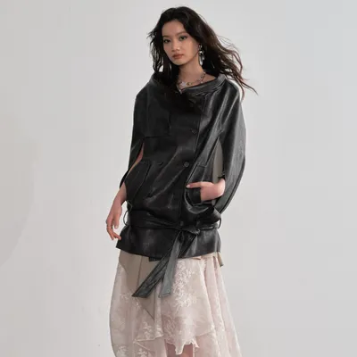 Ebony Brown PU Leather Cloak-Style Cape Jacket