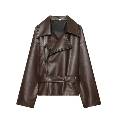 Elegant LapelneckLaceup Cropped Leather Jacket For Workwear