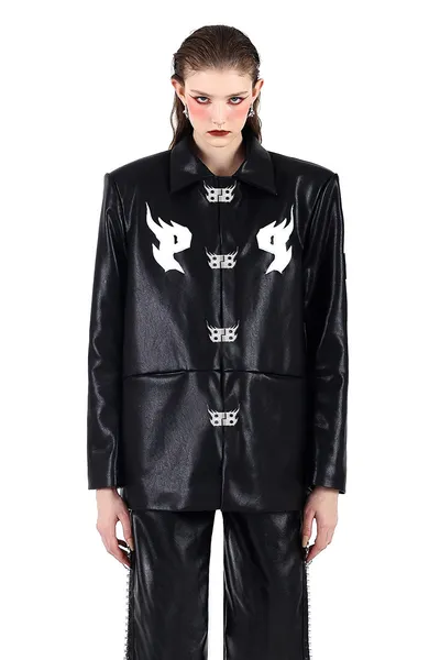 Black Cotton Leather Jacket With Original Metal Buckle Embroidery