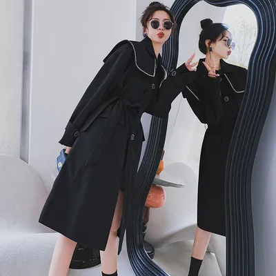 Black Navy Collar Trench Women's Mid-length Spring This Year's Popular High-end Chic Coat