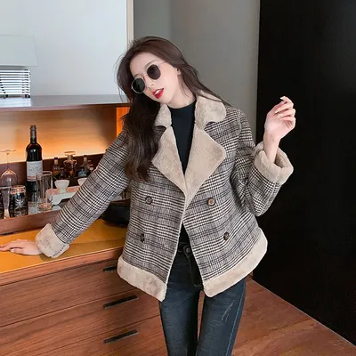 Autumn And Winter Tide All-match Thick Plaid Woolen Fur