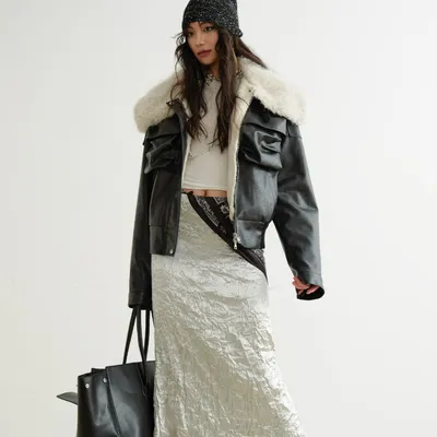 Color-blocked Relaxed-fit PU Faux Leather Black Turtleneck Jacket