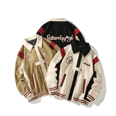 American Retro Color Block Embroidery Turn-down Collar Coat