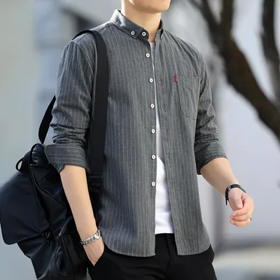  Spring New Striped Long-Sleeved Korean Fashion Casual Mens Shirt