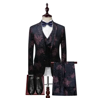  New Two-Button Velvet Printed Suit Three-Piece Cross-Border Foreign Trade Men's Business Suit Men's Suit