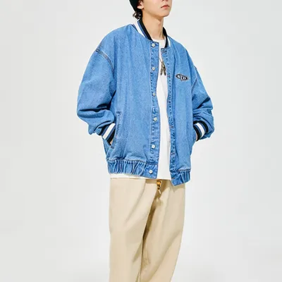 Affixed Cloth Embroidered Washed Denim Profile Jacket