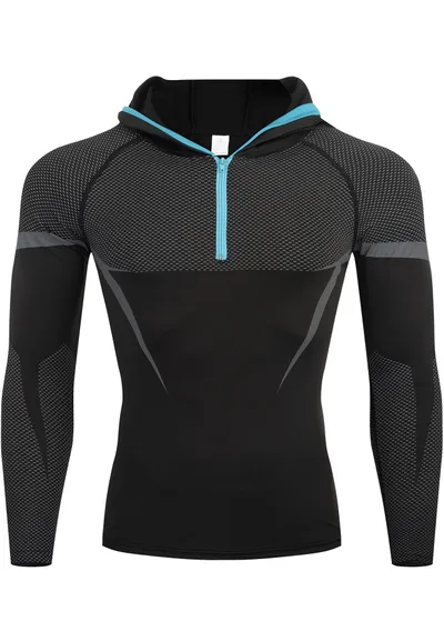 Men Half Zip Hooded Compression Long Sleeve Shirt Black Red Color Block Mesh Spliced Quick Dry Athletic Top Wicking Gym Running Training Fitness Base Layer