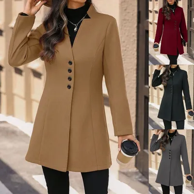 Elegant Wool Stand-collar Trench Coat Mid-length Style For Women