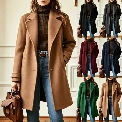 Elegant Midi-length Single-breasted Solid-color Wool Coat With A Lapel