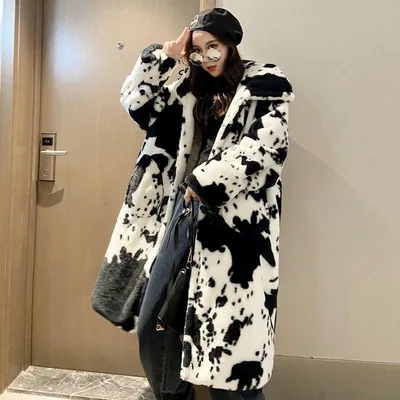  Winter New Cow Pattern Fur Coat Women Over The Knee