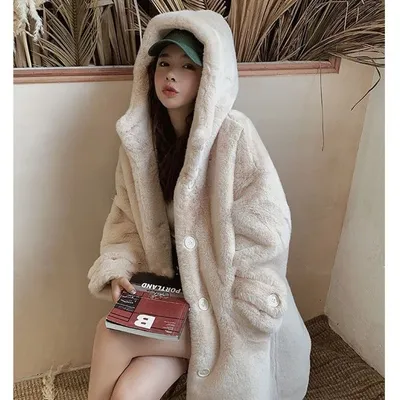  Winter New Hooded Thick Cotton Faux Fur Jacket
