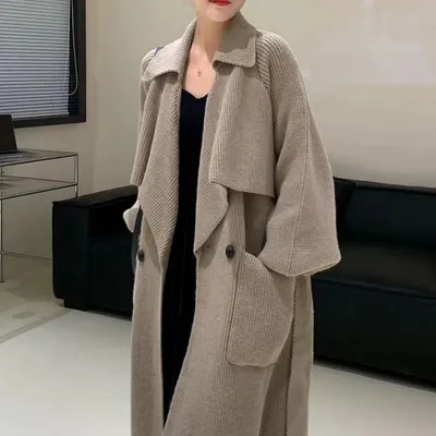 Autumn And Winter New Elegant Belt Knitted Trench Coat For Women