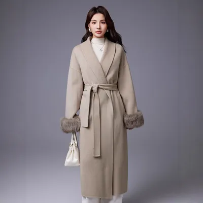Thickened Coat With Fox-fur Sleeves Womens Belted Wool Blend