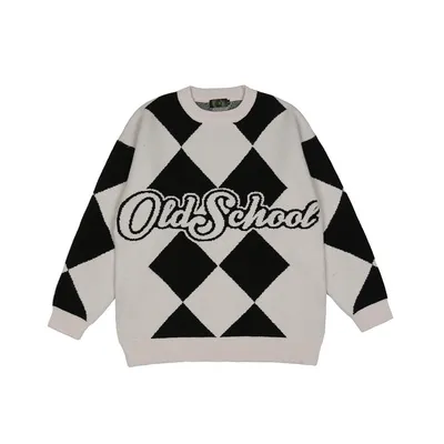 Diamond Contrast Jacquard Sweater Men's Bf Lazy Trend Loose Round Neck Sweater