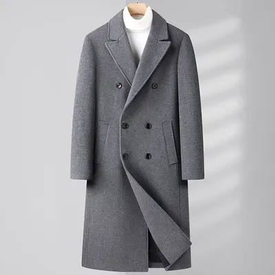Autumn And Winter Woolen Coat Overknee Long Double Breasted Oblique Pocket